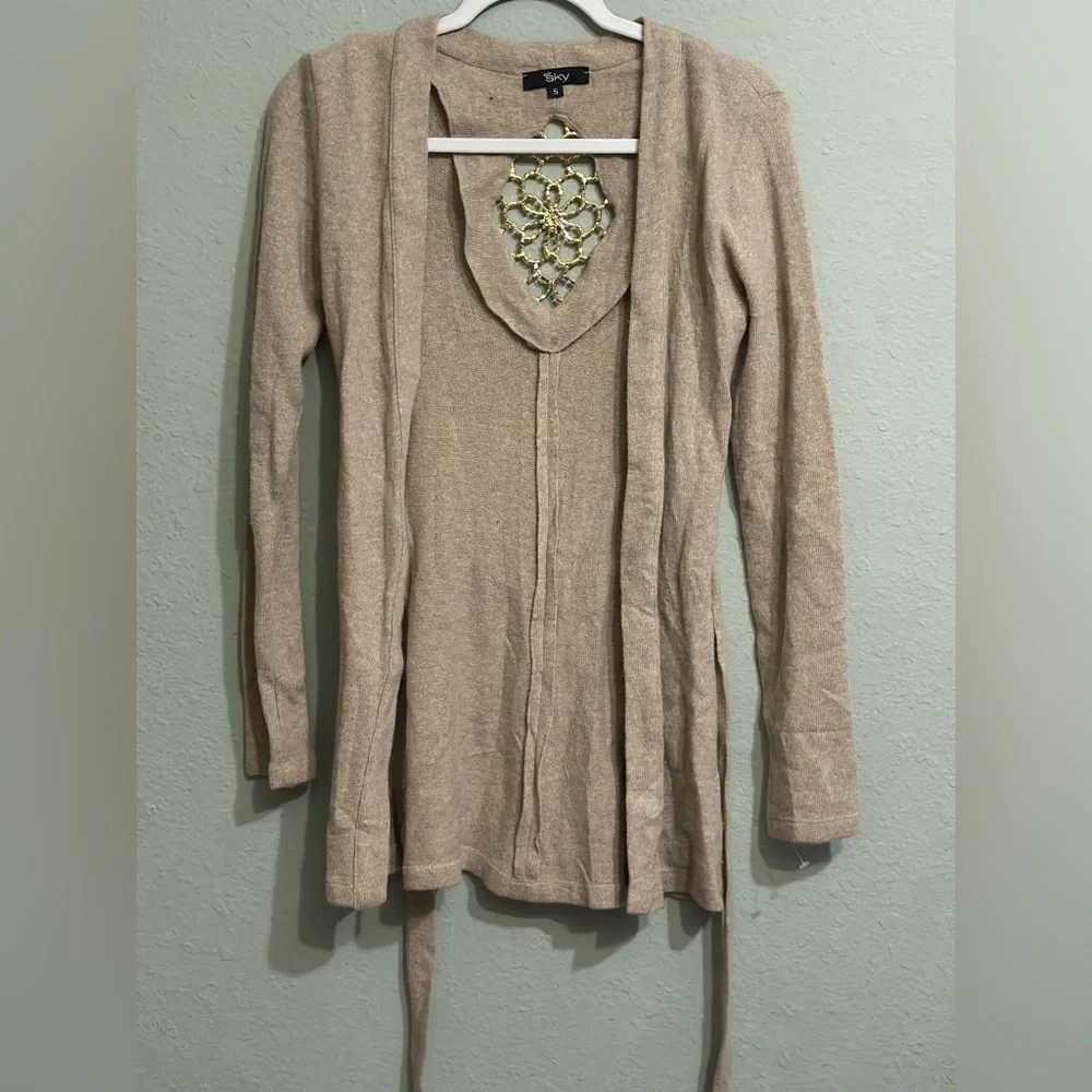 Sky Beige Knit Cardigan with Gold Accents